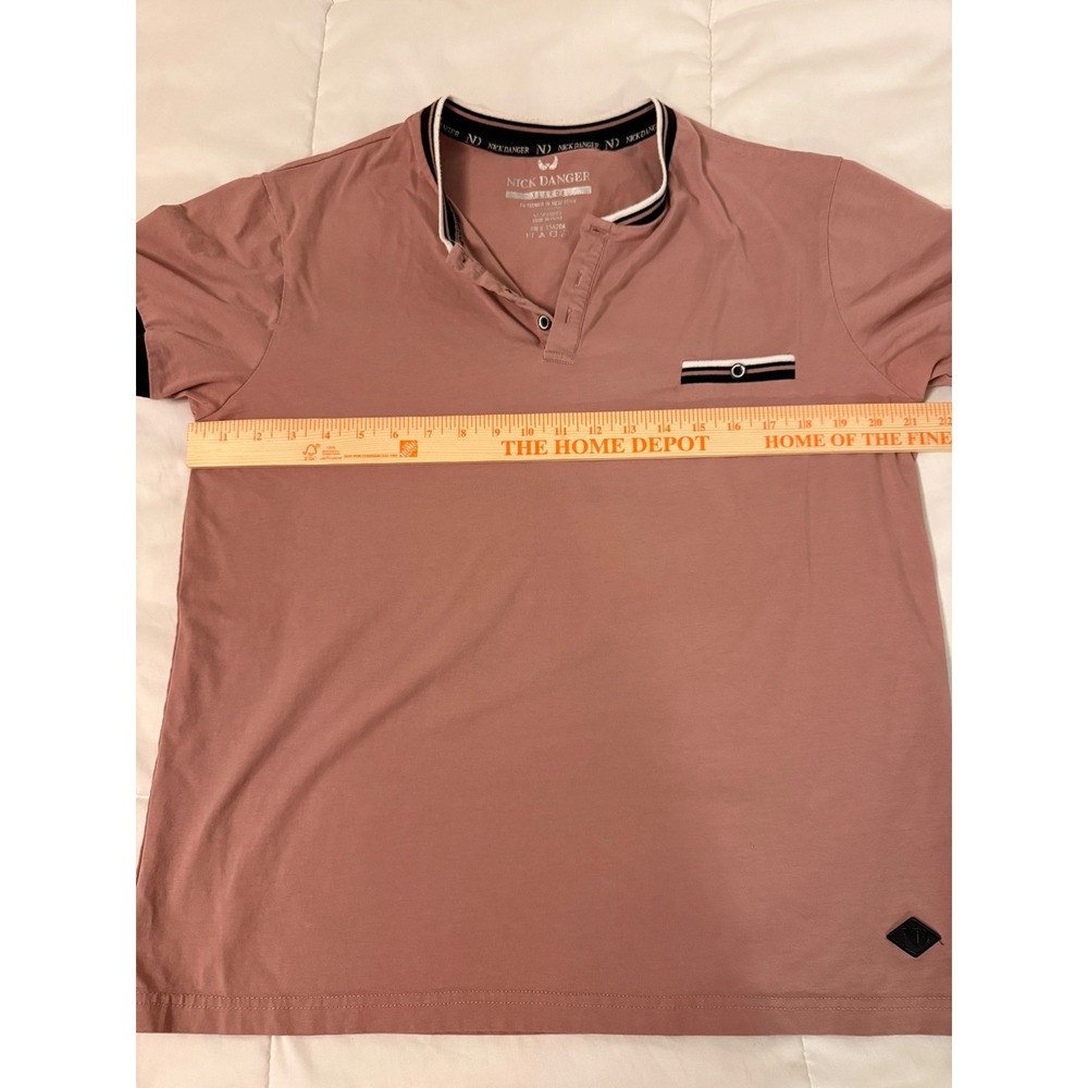 Nick Danger Mens XL Pink Short Sleeve Henley Shirt Striped Trim Cotton Blend - Picture 4 of 9